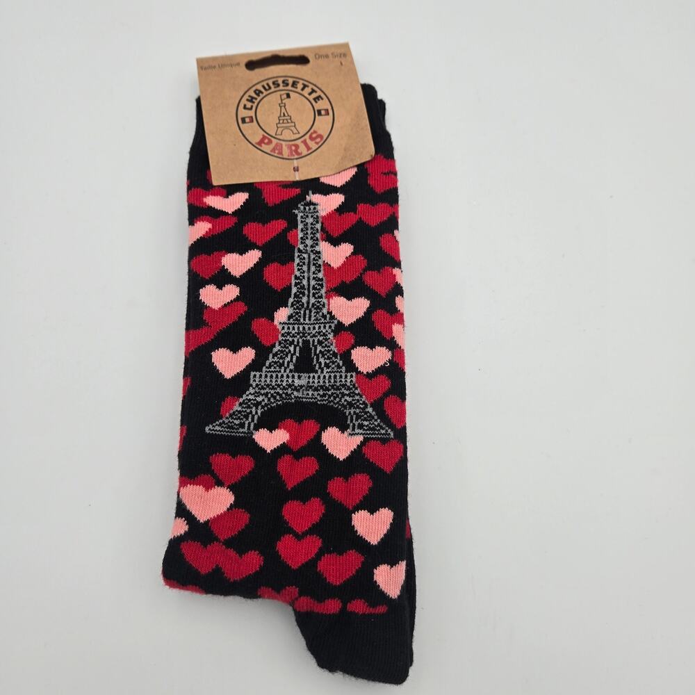 Paris Eiffel Tower Heart Socks Black Pink Red One Size NWT Cute Gift